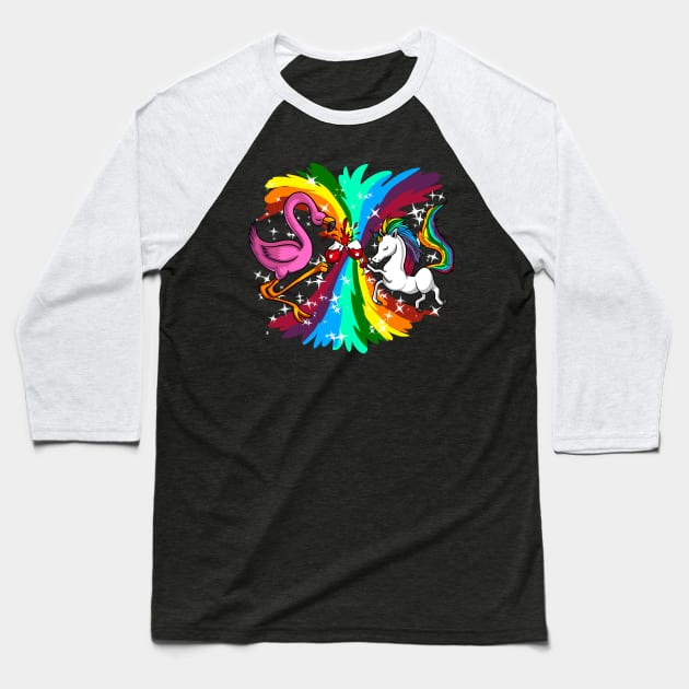 Unicorn Flamingo Party Baseball T-Shirt by underheaven